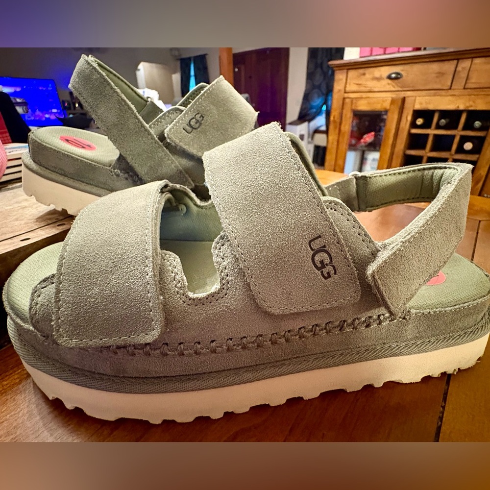 UGG Olive Green Suede Velcro Platform Sandals